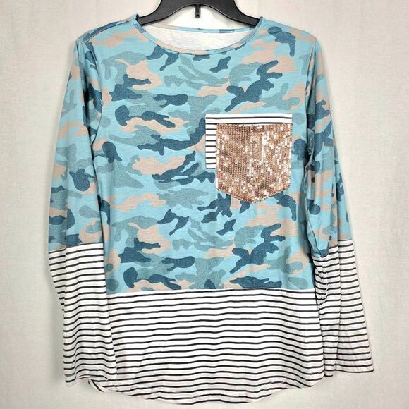 Womens Camo Stripe Long Sleeve Sequin Pocket Top S - Picture 1 of 5